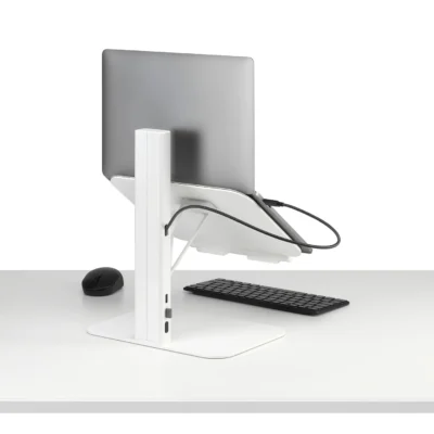 verstelbare laptopstandaard met moderne look in het wit met ingebouwde kabels